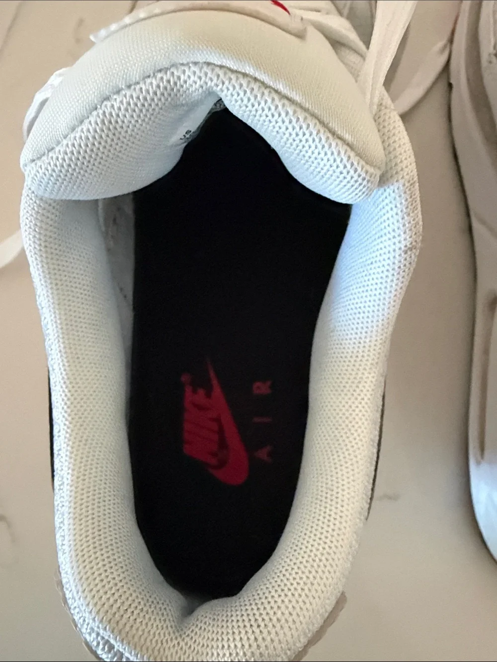 Nike Women’s Air Max 90 Light Iron White/Grey with Black Swoosh and Red Accents
